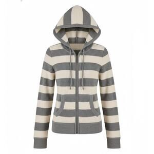 VINCE Cashmere Striped Hooded Full Zip Sweater - M Grey/Cream